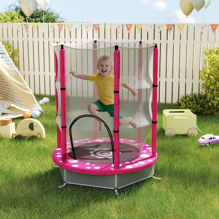 Qaba Trampoline 55\" pour Enfants, Trampoline pour Tout-Petits avec Filet de Securite, pour Sauter et Jouer, Usage Interieur et Exterieur, Age 3-6 Ans, Motif Soleil, Rose