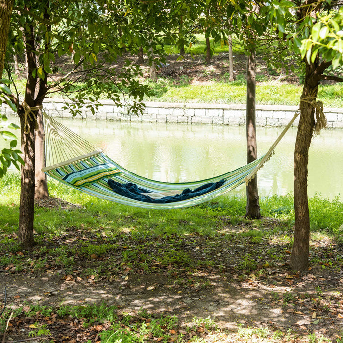 Outsunny 83\" De Large Hamac A Rayures Pour 2 Personnes Chaise Longue De Camping Avec Oreiller, Rayure Blanche