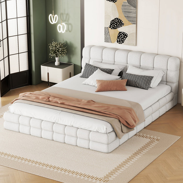 Lit plateforme moderne Emma rembourre avec structure en bois massif confortable, taille queen, blanc