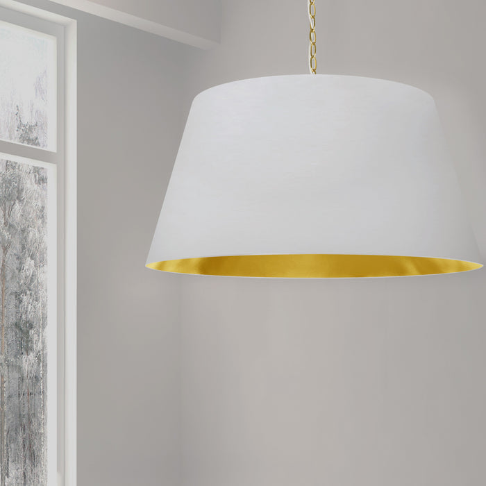 Très grand luminaire suspendu Brynn de Dainolite avec abat-jour blanc et doré, fini laiton vieilli et 1 ampoule