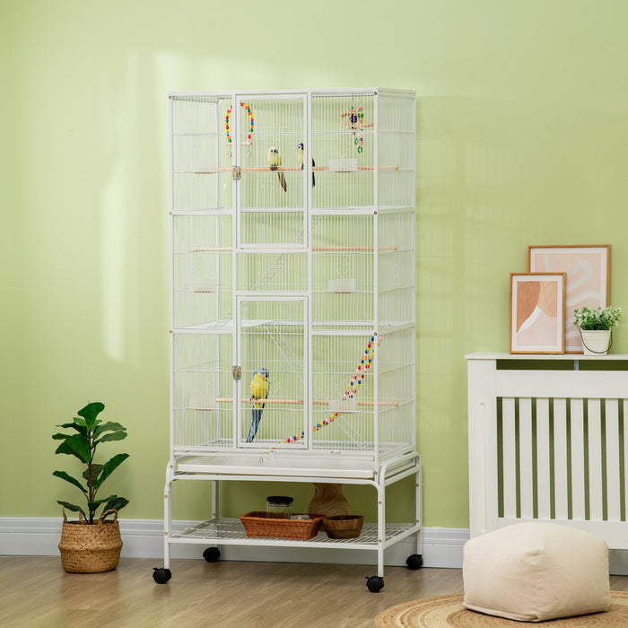 Cage A Oiseaux 71\" Avec Roues, Perchoirs, Rampe, Etagere
