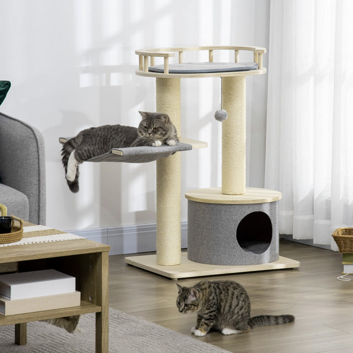 Pawhut 35\" arbre A Chat, Centre D'activites Pour Chat, Jouet D'escalade De Chat En Bois, Tour De Chat Avec Lit Hamac Condo Coussin Lavable Suspension Boule Jouet Griffoir, Neutre