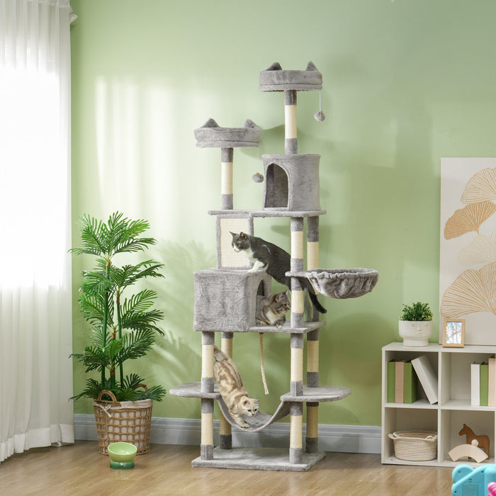 Pawhut Tour A Chat, Arbre A Chat De 81\" Pour Grands Chats Adultes Avec Griffoirs, Planche A Gratter, Lits Pour Chat, Hamacs, Plates-formes De Saut, Balles De Jouet, Gris Clair