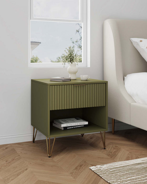 Table de nuit moderne Dumbo 20\" a cannelures en vert olive (1 tiroir)