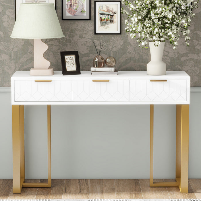 Horizon Table Console Moderne avec Tiroirs Geometriques et Cadre Dore, Blanc/Or