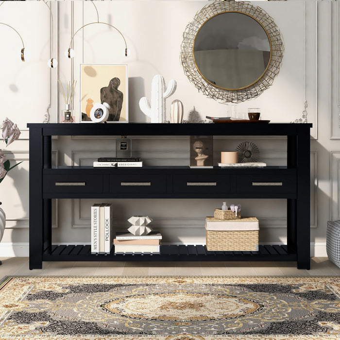 Table d'entree Ava 62,2'' avec tiroirs et etageres ouvertes, noire