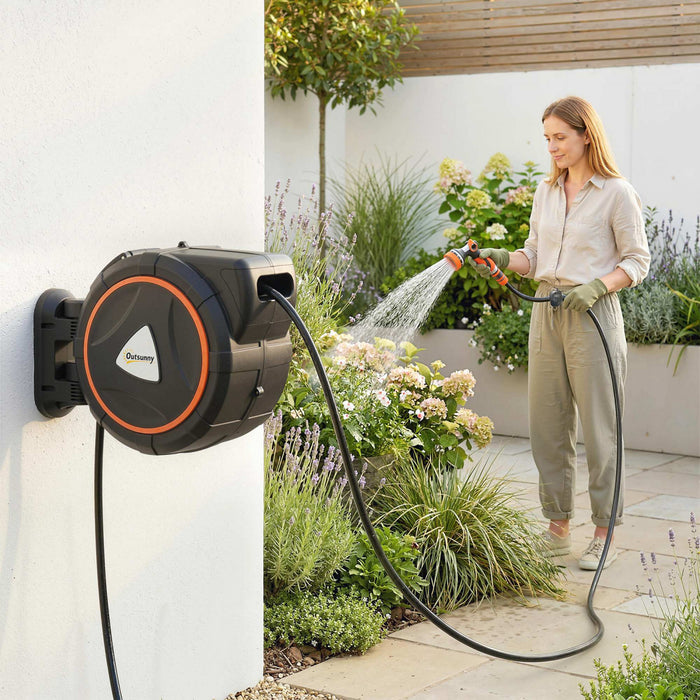 Devidoir de tuyau d'arrosage retractable Outsunny, 1/2\" x 28 m avec buses a 12 modes