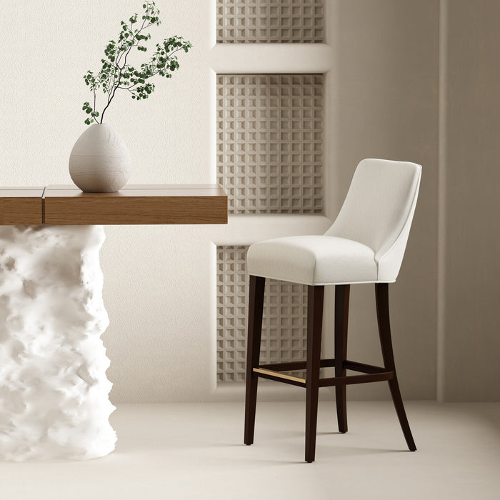 Tabouret de bar moderne en bois Beever avec assise rembourree en chenille creme