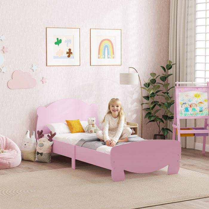Qaba Cadre de lit double pour enfants, plateforme pour tout-petits avec tete et pied de lit en forme d'ours, support a lattes, pour garcons et filles de 3 a 12 ans, rose