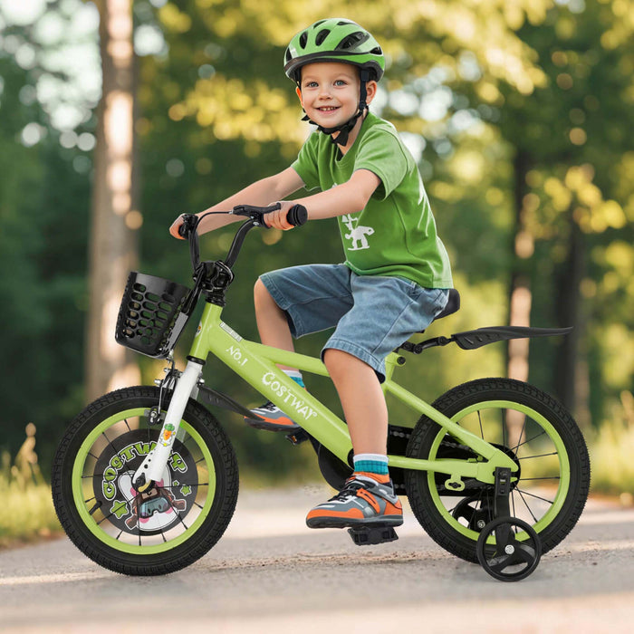 Costway 14\" Velo Pour Enfants Pour 3-5 Avec Guidon Reglable En Hauteur Et Frein A Main En Selle Vert