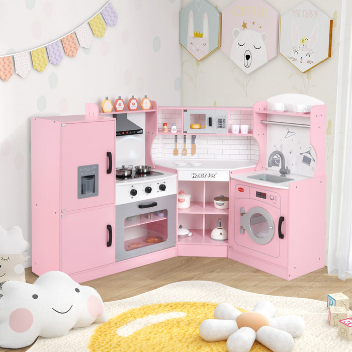 Honeyjou Corner Play Kitchen Baby Kitchen Playset Avec Capuchon De Gamme, Machine A Glace, Micro-ondes Rose