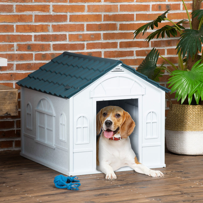 Pawhut Niche D'exterieur En Plastique Pour Chien De 26\", Niche Etanche Avec Bouches D'aeration, Abri Pour Animaux De Petite Et Moyenne Taille, Bleu