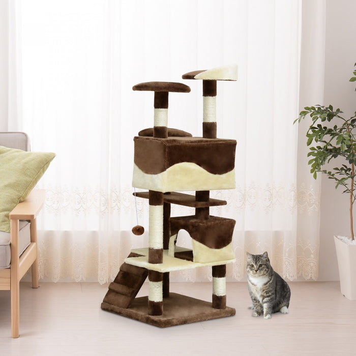Pawhut Arbre A Chat 137,2 Cm Grande Maison De Jeu Pour Chaton Centre D'activites A Plusieurs Niveaux Meubles Pour Animaux De Compagnie (cafe)
