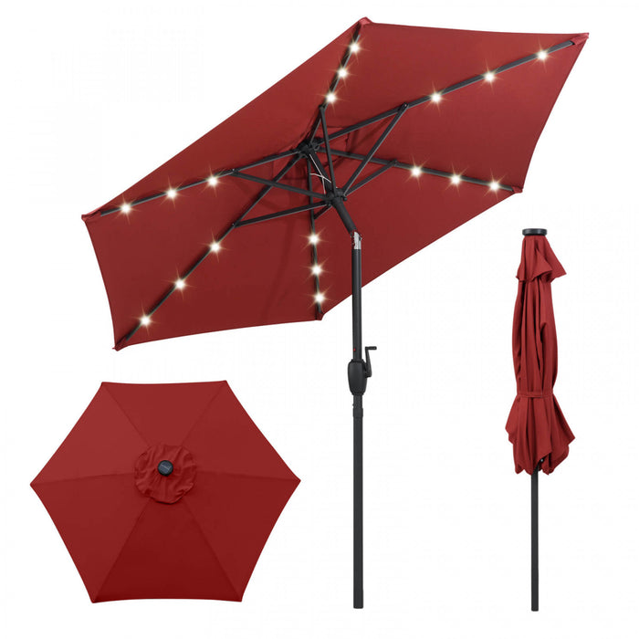 Parasol solaire Costway 7,5 ft avec lumieres LED, inclinaison par bouton-poussoir, manivelle, rouge