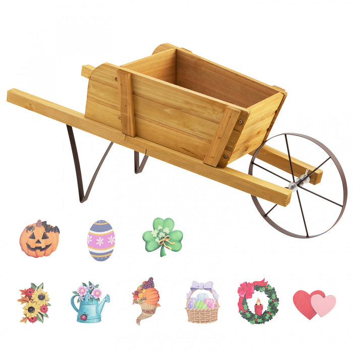 Chariot De Fleur Rustique Interieur/exterieur Decoratif De Planteur De Wagon En Bois Costway Avec Roue Beige