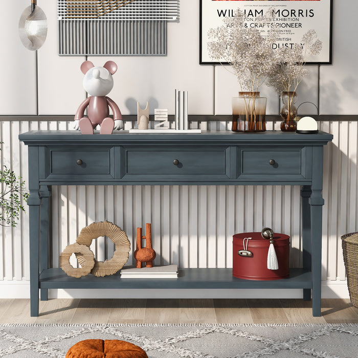 Table Console Sabina En Bois Massif Avec 3 Tiroirs Et Etagere - Bleu Marine
