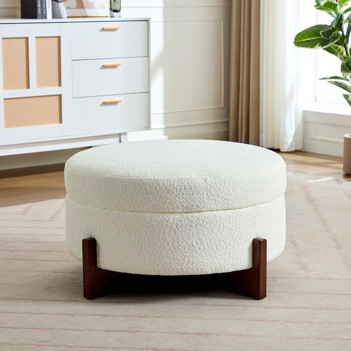 Table Basse Ottoman Ronde Sophia avec Rembourrage Capitonne et Rangement - Blanc