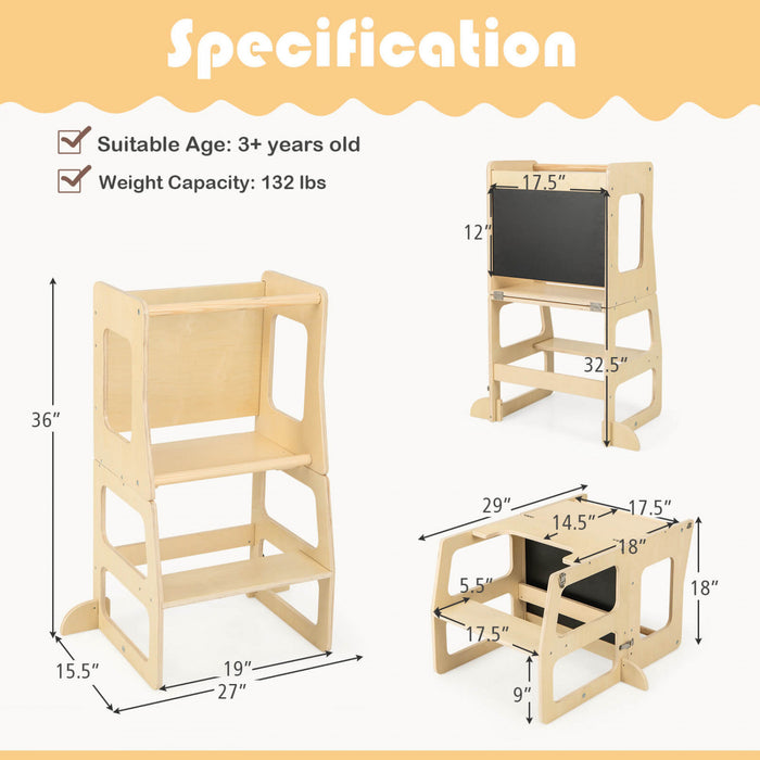 Costway 3-en-1 Cuisine Pliable Tour Debout Pour Tout-petits Avec Tableau A Crais Table De Sevrage Naturelle