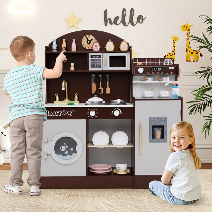 Honeyjoy Jeu De Cuisine Pour Enfants Jeu De Cuisine En Bois Avec Horloge, Micro-ondes, Evier, Plateau Brun