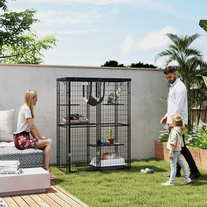 Cage Pour Chat En Metal Pawhut Avec Couvercle, Hamac