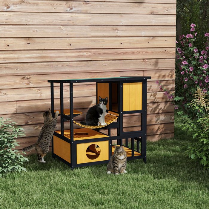 Pawhut Niche D'exterieur Pour Chat, Abri Pour Chat En Bois Avec Pont Suspendu, Condos, Portes De Secours, Plate-forme De Saut, Toit Resistant A L'eau, Pour 1 A 2 Chats – Jaune