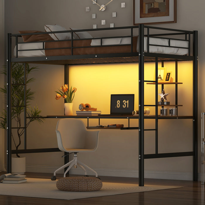 Andy – Lit Mezzanine Simple En Metal Avec Bureau Et Eclairage Led, Design Gain De Place – Noir
