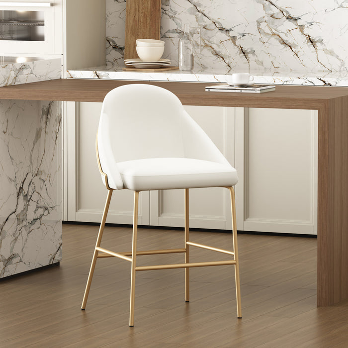 Tabouret de comptoir moderne Gracie en metal, rembourre, blanc et or