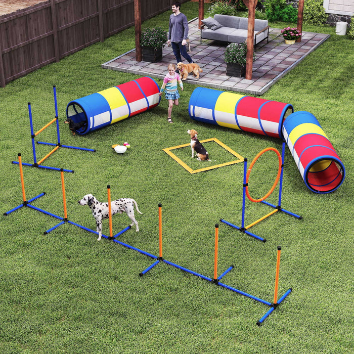 PawHut Equipement d'Agilite pour Chiens, Parcours d'Obstacles de 11 Pieces avec Haie et Cerceau Reglables, 3 Tunnels, Piquets de Slalom, Sac a Friandises, Bol et Sac de Transport
