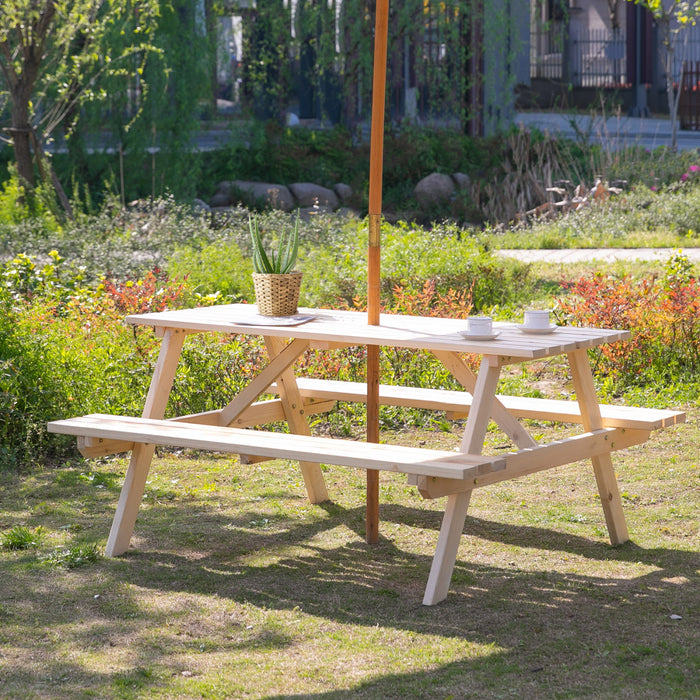 Outsunny Table De Pique-nique En Bois Avec Bancs Integres Trou