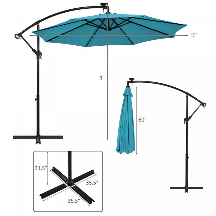 Costway Parasol deporte solaire LED de 10 pieds avec manivelle, 40 lumieres, base turquoise