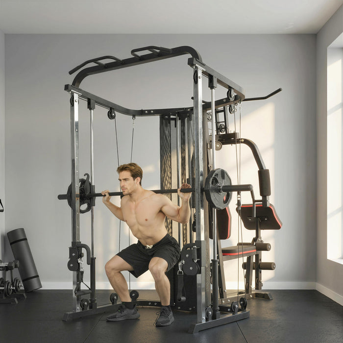 Soozier Salle de Sport Tout-en-Un avec Machine Smith et Pile de Poids de 65 kg