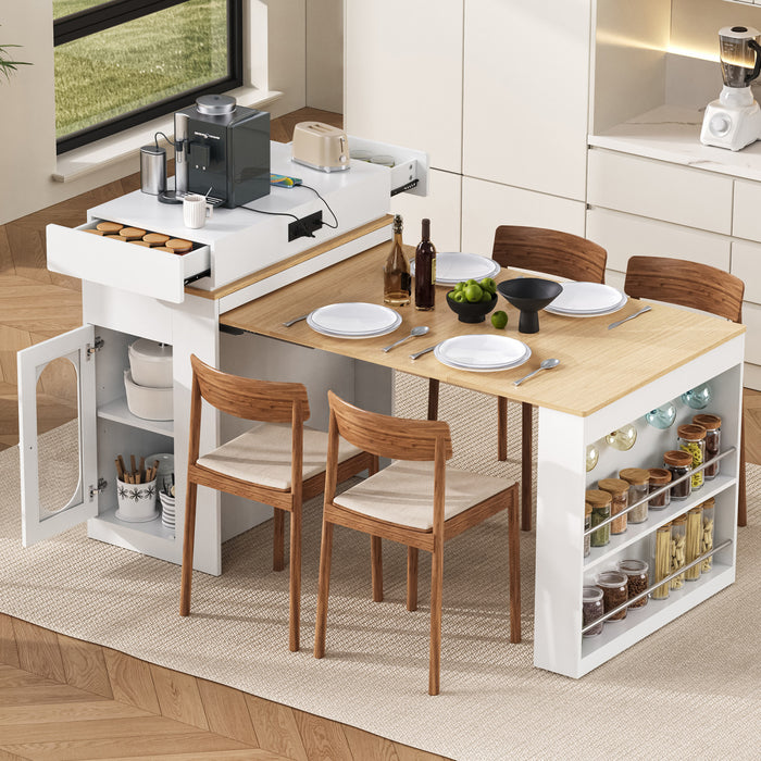 Table a manger extensible Logan avec plateau pliant et tiroirs de rangement, blanc