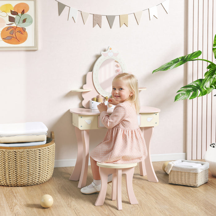 Qaba Coiffeuse pour enfants, avec miroir et tabouret, 7 accessoires