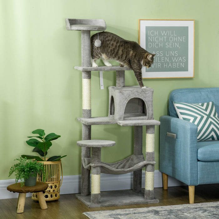 Pawhut Grand Arbre A Chat, Tour A Plusieurs Niveaux De 57\" Avec Hamac, Lit Pour Chat, Niche Pour Chat Avec Griffoirs En Sisal, Gris