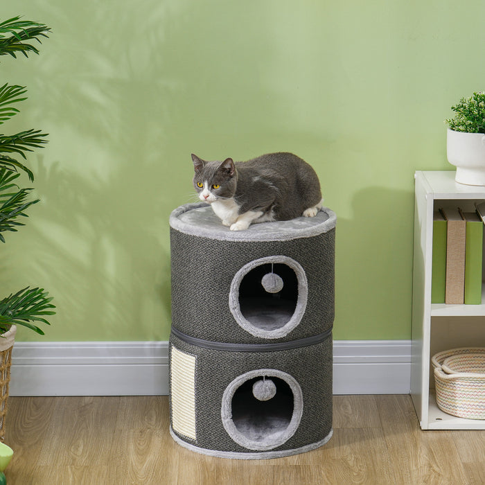 Pawhut Tour En Tonneau Pour Chat A 3 Etages, Tonneau Pour Chat De 22 Po Avec 2 Cachettes, Petit Arbre A Chat Avec Planche A Gratter En Sisal, Coussins Amovibles, Gris Fonce