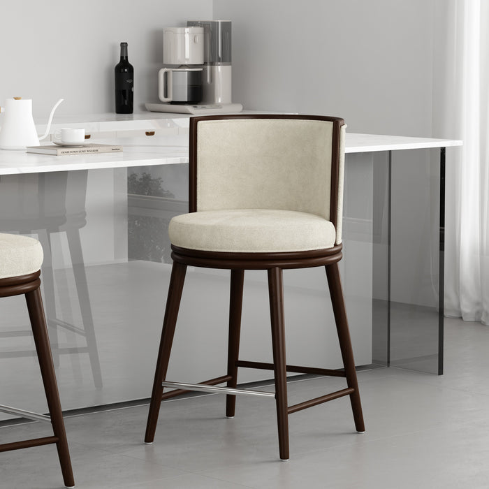Tabouret de comptoir moderne en bois avec revetement en tissu creme Evalyn