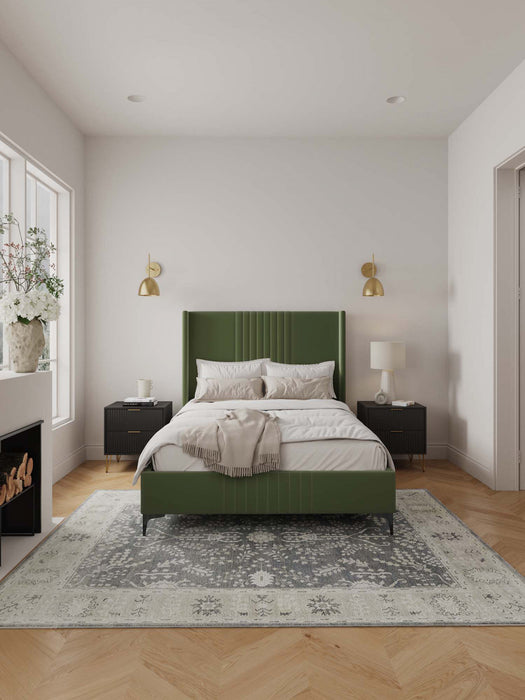 Lit complet Promenade style milieu du siecle moderne en velours capitonne vert mousse