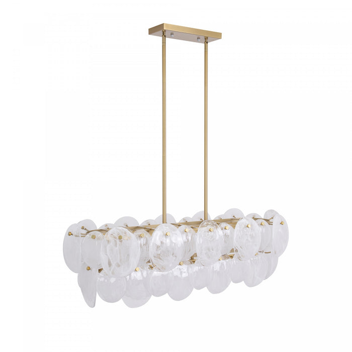 Luminaire D’ilot A 7 lampes Lily, Laiton Brosse Et Verre Genre Murano Blanc Vaporeux
