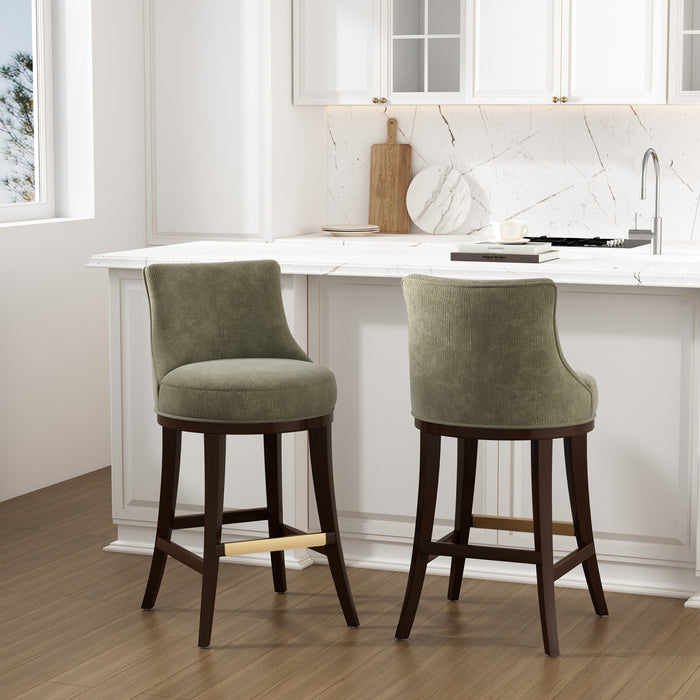 Tabouret de bar moderne Lucia en bois et tissu chenille vert feuille - Lot de 2