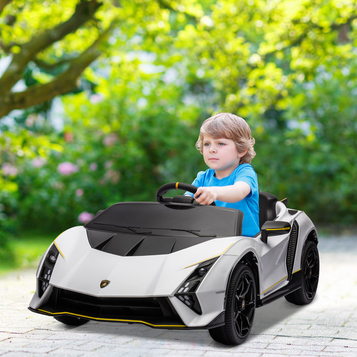 Qaba Voiture Electrique Pour Enfants 12 V, Alimentee Par Batterie, Lamborghini Autentica, Voiture Pour Enfants Sous Licence Avec Portes Papillon, Telecommande, Lumieres, Blanc