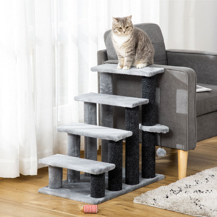 Pawhut Escalier Pour Chat 4 Marches Pour Lit, Canape Avec Griffoirs, Petit Arbre A Chat Pour Chats D'interieur Avec Jouet Balle, Gris Clair
