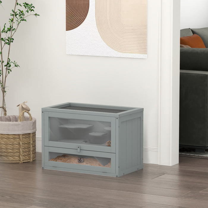 Pawhut Cage Pour Hamsters De 24\", Cage Pour Petits Animaux A 2 Niveaux Avec Toit Ouvrant, Espace D'enclos, Plates-formes, Niche Pour Hamsters Nains, Gerbilles, Chinchillas, Gris