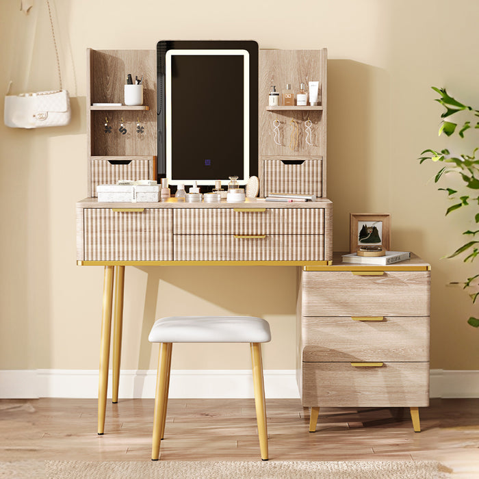 Victoria Ensemble de coiffeuse 7 tiroirs avec miroir LED et pieds en metal, Brun Jaune