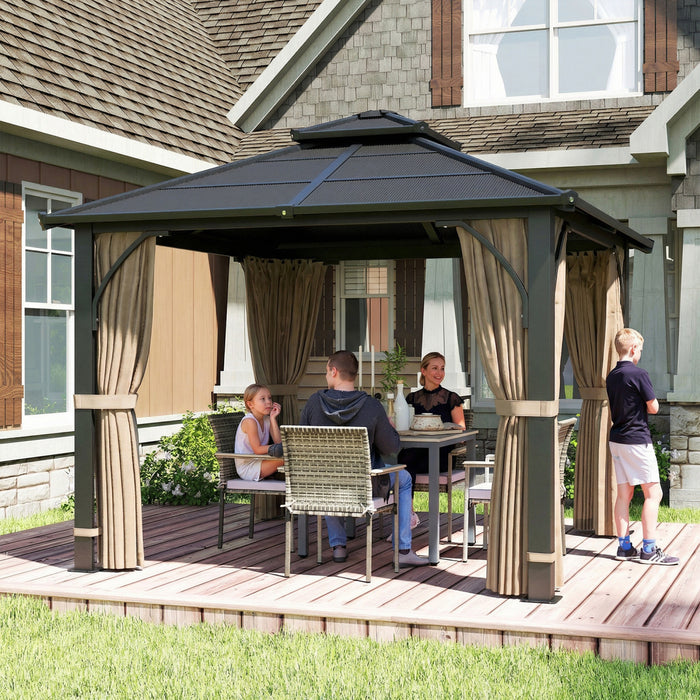 Outsunny Tonnelle 3 x 3 m avec Toit Rigide en Polycarbonate et Rideaux, Kaki