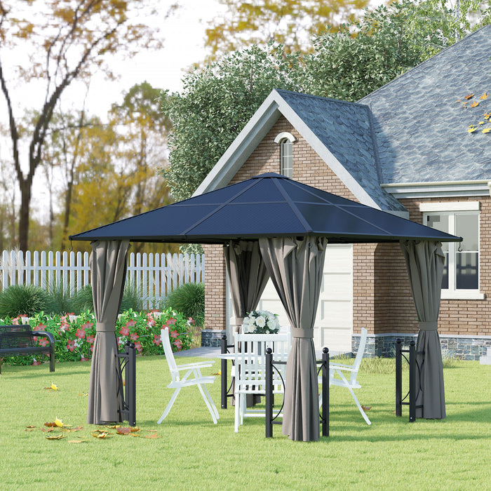 Outsunny 10' X 10' Tonnelle Gazebo Exterieur A Toit Rigide Panneaux De Polycarbonate Avec Cadre En Aluminium, Moustiquaires Et Rideaux Noir