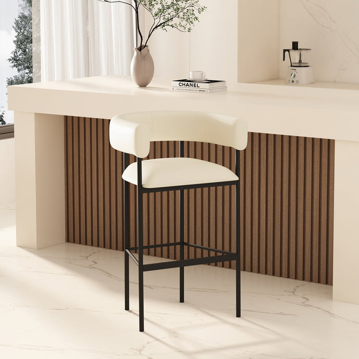 Tabouret de bar contemporain Onda en cuir vegetalien et metal, rembourre, coloris ivoire