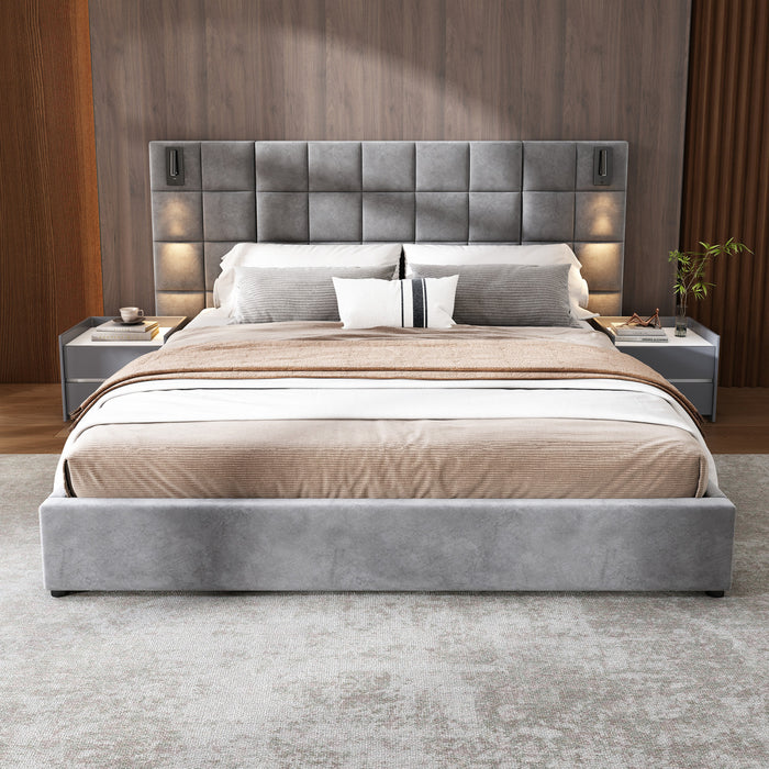 Lit Ethan en Velours a Plateforme avec Tete de Lit a Motif Grille et Ports USB, Taille Queen - Gris