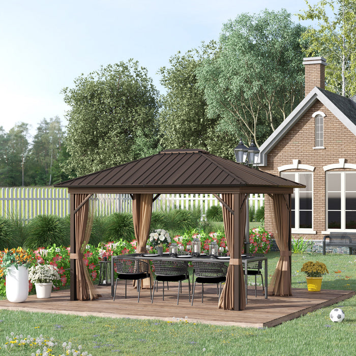 Outsunny 10' X 12' Tonnelle Exterieur A Toit Rigide Gazebo De Terrasse En Toit En Metal Avec Cadre En Aluminium, Filets En Maille, Rideaux, Et Espace Interieur Spacieux, Marron