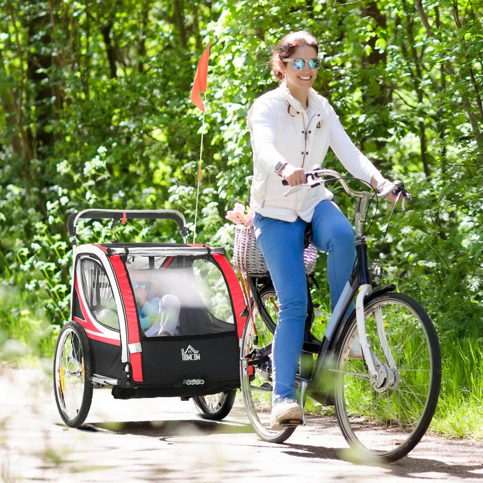 Aosom Remorque Velo Enfant 2 En 1, Poussette Bebe Avec Frein, Sac De Rangement, Drapeau De Securite, Reflecteurs Et Harnais 5 Points, Rouge