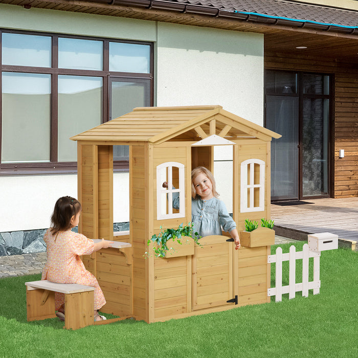 Outsunny Maison De Jeu En Bois D'exterieur Avec Porte Fenetres Boite Aux Lettres Porte-pot De Fleurs Banc De Station De Service Naturel